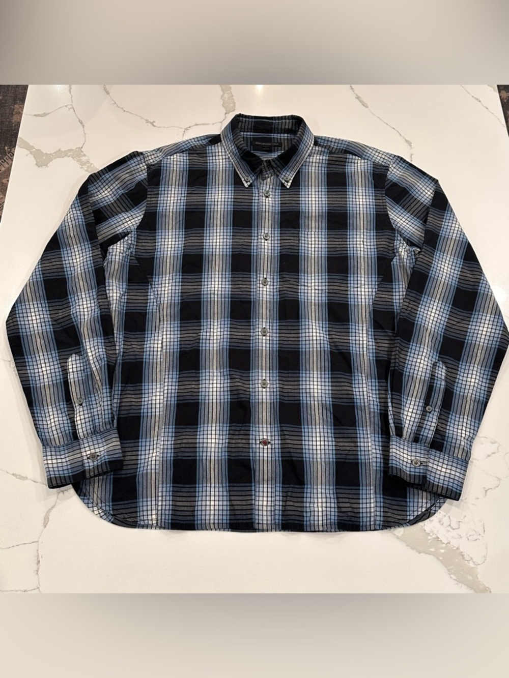 John Varvatos Star USA Blue Black Plaid Button Down Shirt Men XL Casual Roll Tab